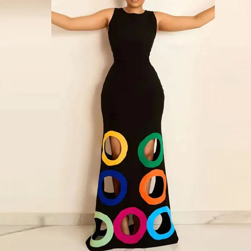 Summer Black Slim Hollow Sexy Party Vacation Long Dress Women's  Elegant Casual Sleeveless Sundress New High Waist Evening Dress