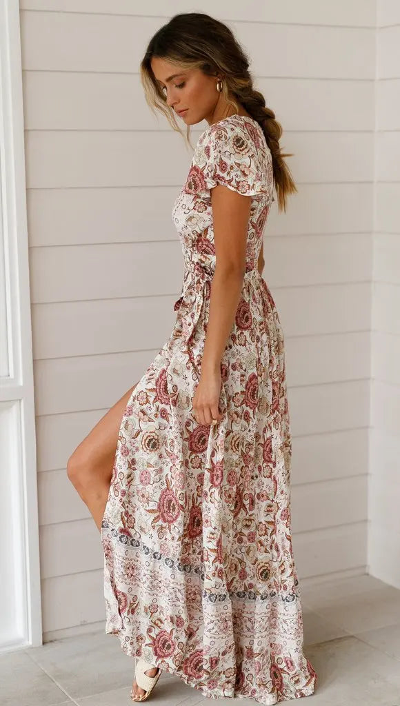 Summer Dress Women 2024 Short Sleeveless Casual V-neck Floral Print Boho Beach Long Dress S-3XL Sexy Split Party Robe