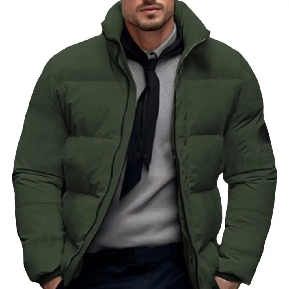 Men Quilted Jacket Solid Color Stand Collar Long Sleeve Zipper Closure Cotton Coat Thickened Jacket Down Cotton Puffer Outwear