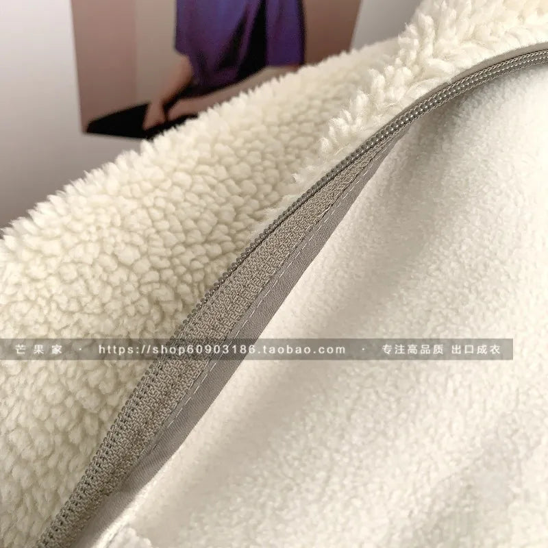 Autumn Winter Lambswool Coat Male Loose Windproof Warm Sherpa Stand Collar Polar Fleece Jacket Unisex Simple  Pocket Spliced Top