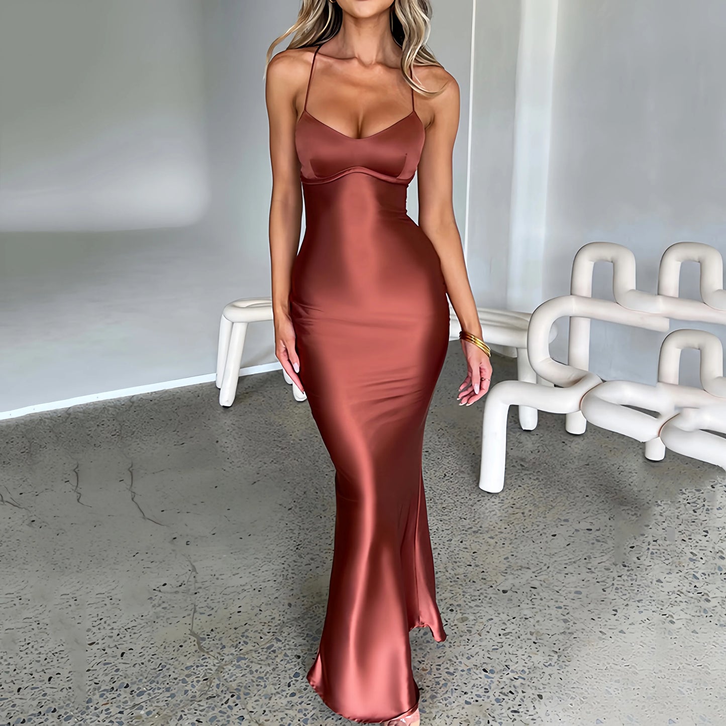 Women's Spaghetti Straps Satin Backless Sexy Dress Summer Beauty Elegant Party Evening Dress Tight Long Dress