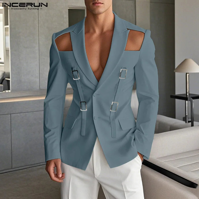INCERUN Tops 2025 American Style Fashion Men Hollow Button Design Suit Coat Casual Streetwear Solid Long Sleeved Lace Up Blazers