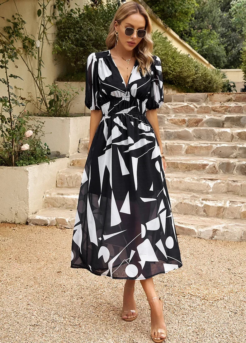 2024 Elegant High Quality Design summer long Dress Waist Cinching V-neck Print Elastic Waist Maxi  Dresses for Women Clothing