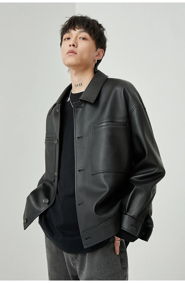 Mauroicardi Spring Autumn Short Oversized Brown Black Soft Faux Leather Jackets for Men Pockets Long Sleeve Korean Fashion 2022