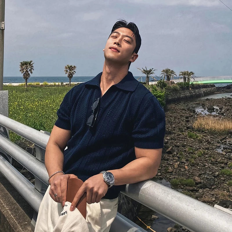 Men's Clothing Luxury Korean Popular Hollow Out Polo Shirt Leisure V Neck Short Sleeve Solid Color Retro Streetwear Knitwear