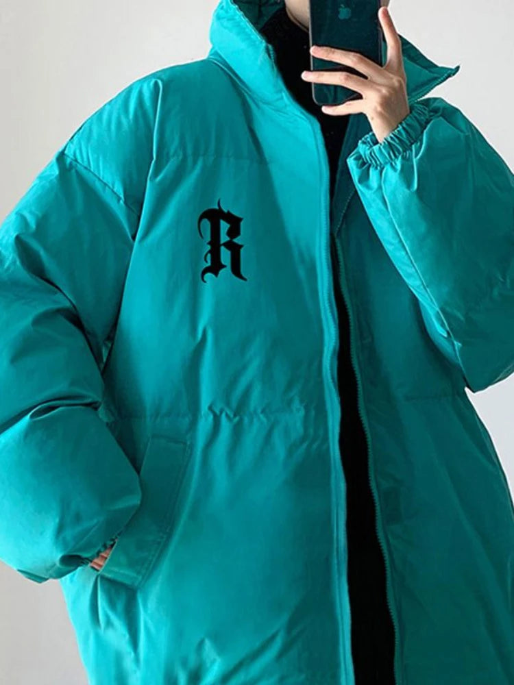 Gmiixder Men's Winter Punk Letter Parkas Hip Hop Oversize Thickened Down Jacket Oversize Padded Jacket Cool Bread Zipper Up Coat