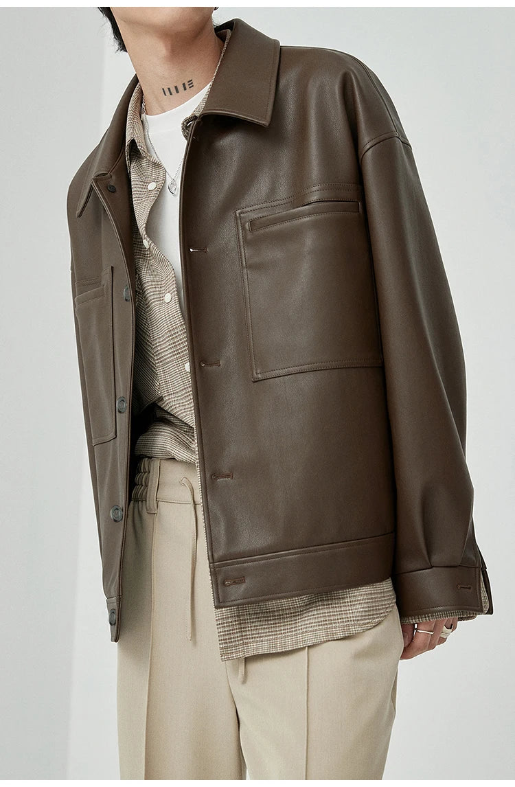 Mauroicardi Spring Autumn Short Oversized Brown Black Soft Faux Leather Jackets for Men Pockets Long Sleeve Korean Fashion 2022