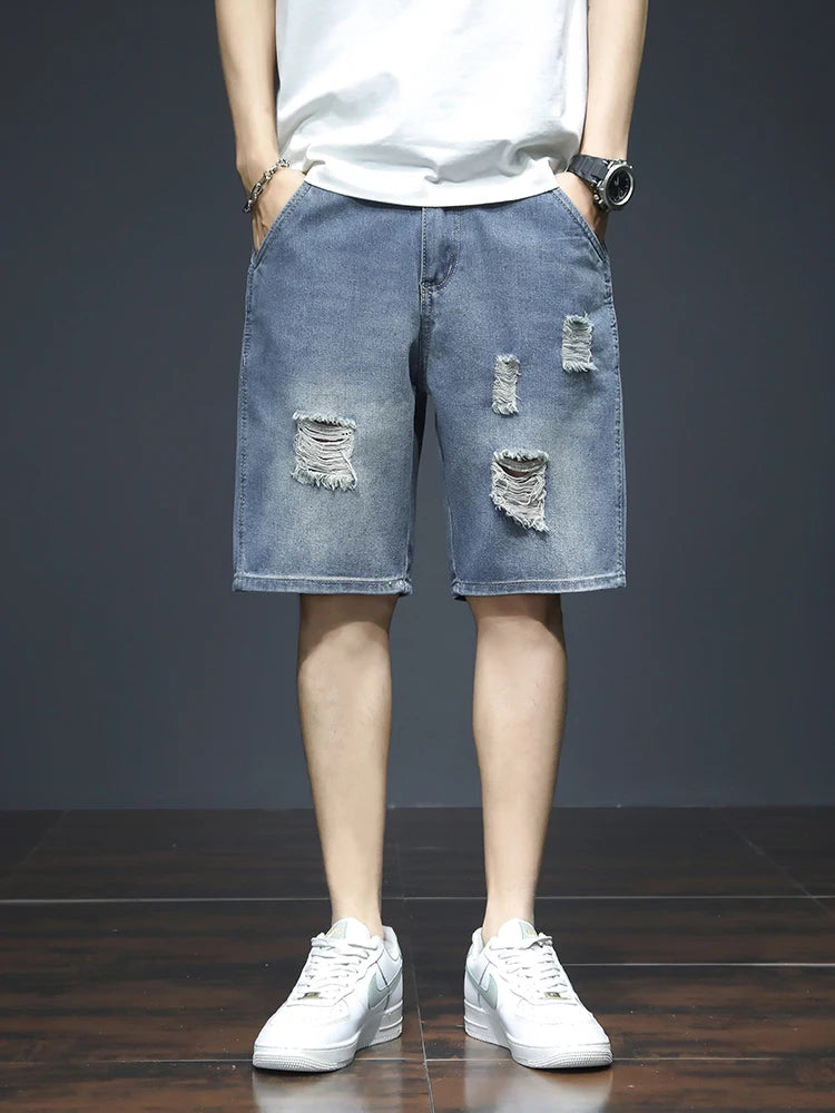 Summer Men's Blue Denim Shorts Y2k Cotton Loose Straight Ripped Fashion Shorts Men Korean Trendy Casual Streetwear Short Jeans