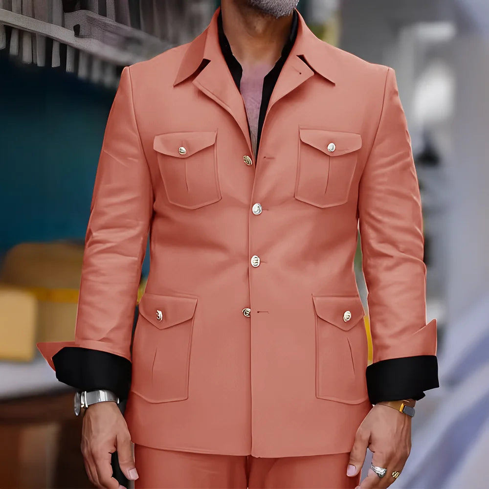 Tailored Casual Men Suits Orange 2 Pieces Set Safari Design Collar Autumn Coat Pant Business Designer Jacket Pant Men Prom Suits