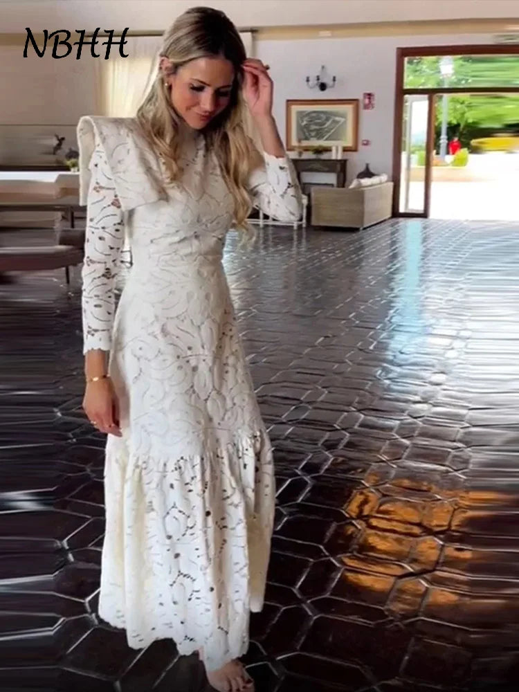 Elegant Lace Hollow Out Long Dress Women High Collar Long Sleeve Slim Solid Dresses 2025 Spring Summer Patchwork Lady Party Robe
