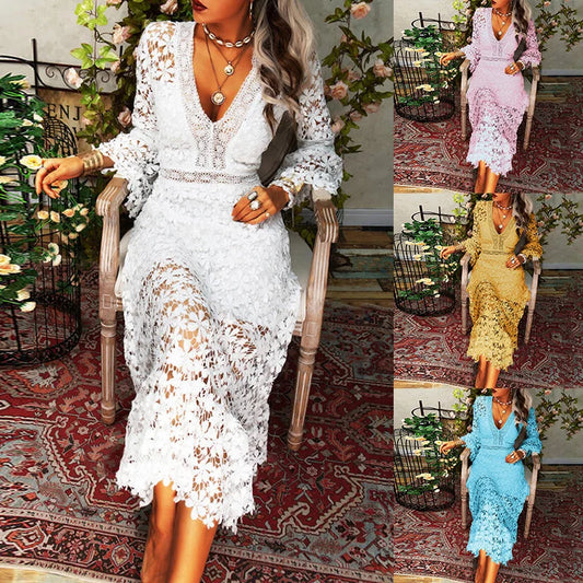 Sexy Autumn Lace Long Sleeve V-neck Big Show Long Dress Women Polyester Fabric High Waist Hollow Out Design Summer Style