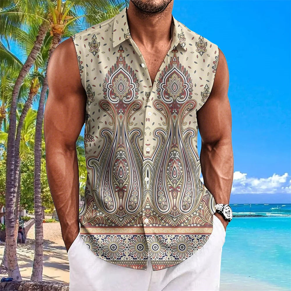 Ethnic Style Men's Shirts Cashew Flower Print Sleeveless Lapel Tops Hawaiian Shirt For Men Casual Vintage Oversized Men Clothing