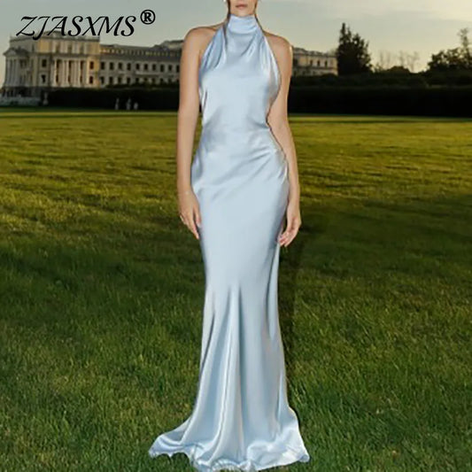 Robes Woman Elegant Solid Satin Party Dresses Spring Halter RIbbons Backless Maxi Dress Summer Hollow Sleeveless Slim Long Dress