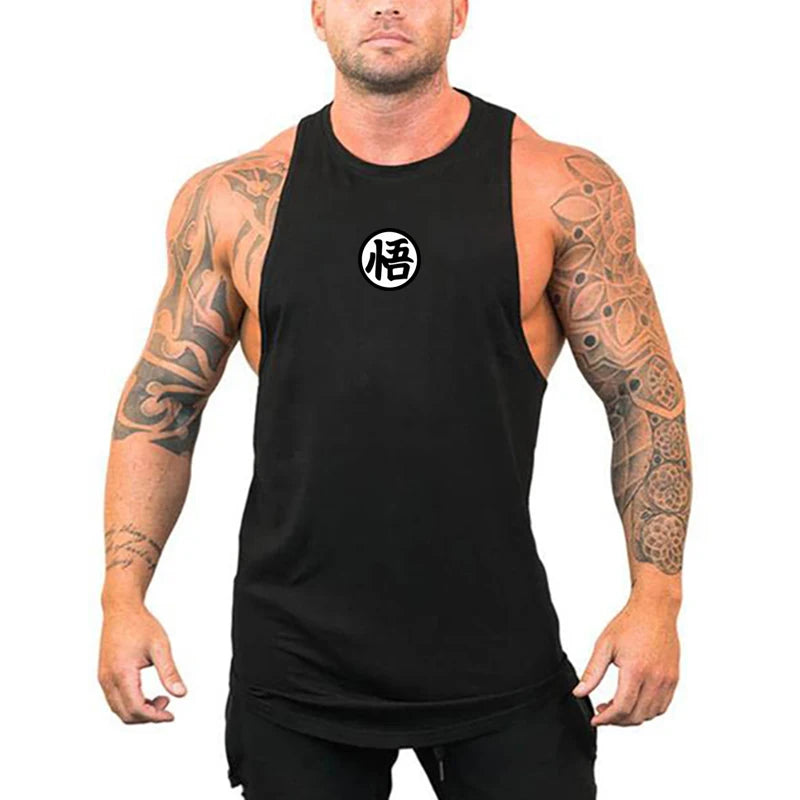 Japanese Anime Logo Wu Font Funny Printing Summer Clothing Gym Stringer Tank Top Men Fitness Sleeveless Shirt Bodybuilding Vest