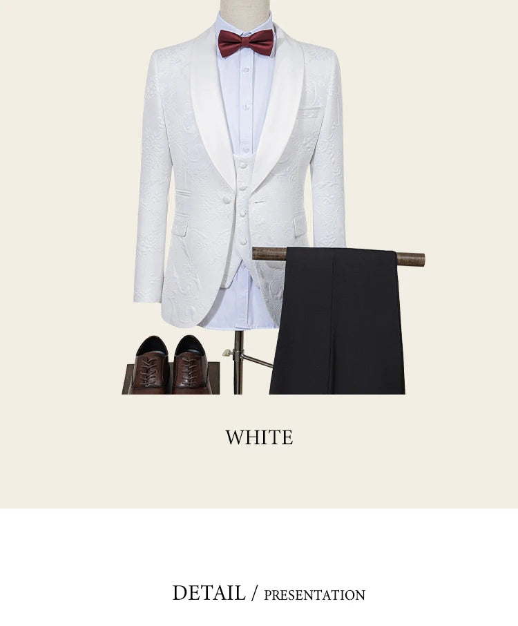 ST Cassy High Quality luxury Retro carving Party Dress Slim Fit Tuxedo Prom Suit Fashion white Male Groom Wedding three-piece