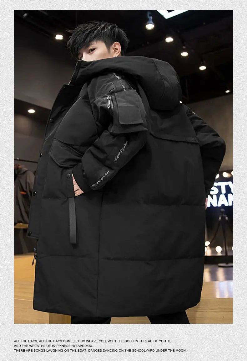 Men's Parkas Hooded New Over-the-knee Overcoat Thickened Mid-length Jacket Zipper Buttons Winter White Duck Down Jackets