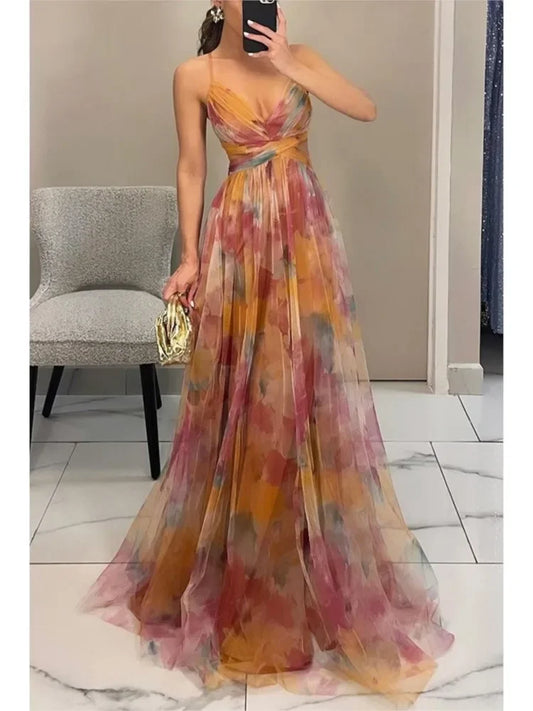 Color Mesh Spaghetti Strap Dresses Women Fashion Sexy V-neck Backless Leace-up Party Club Long Dress Female Evening Vestidos New
