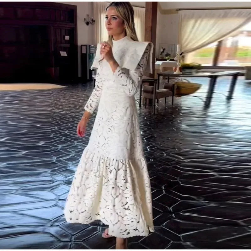 Elegant Lace Hollow Out Long Dress Women High Collar Long Sleeve Slim Solid Dresses 2025 Spring Summer Patchwork Lady Party Robe