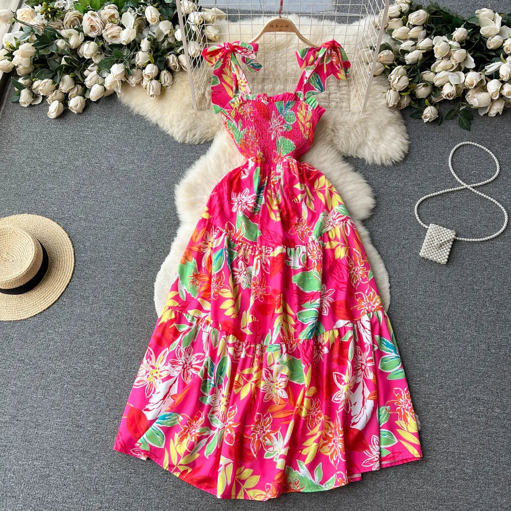 SINGREINY Summer Vacation Spaghetti Strap Long Dress Women Sleeveless Ruched Elastic Backless Dress Floral Print Beach Sundress