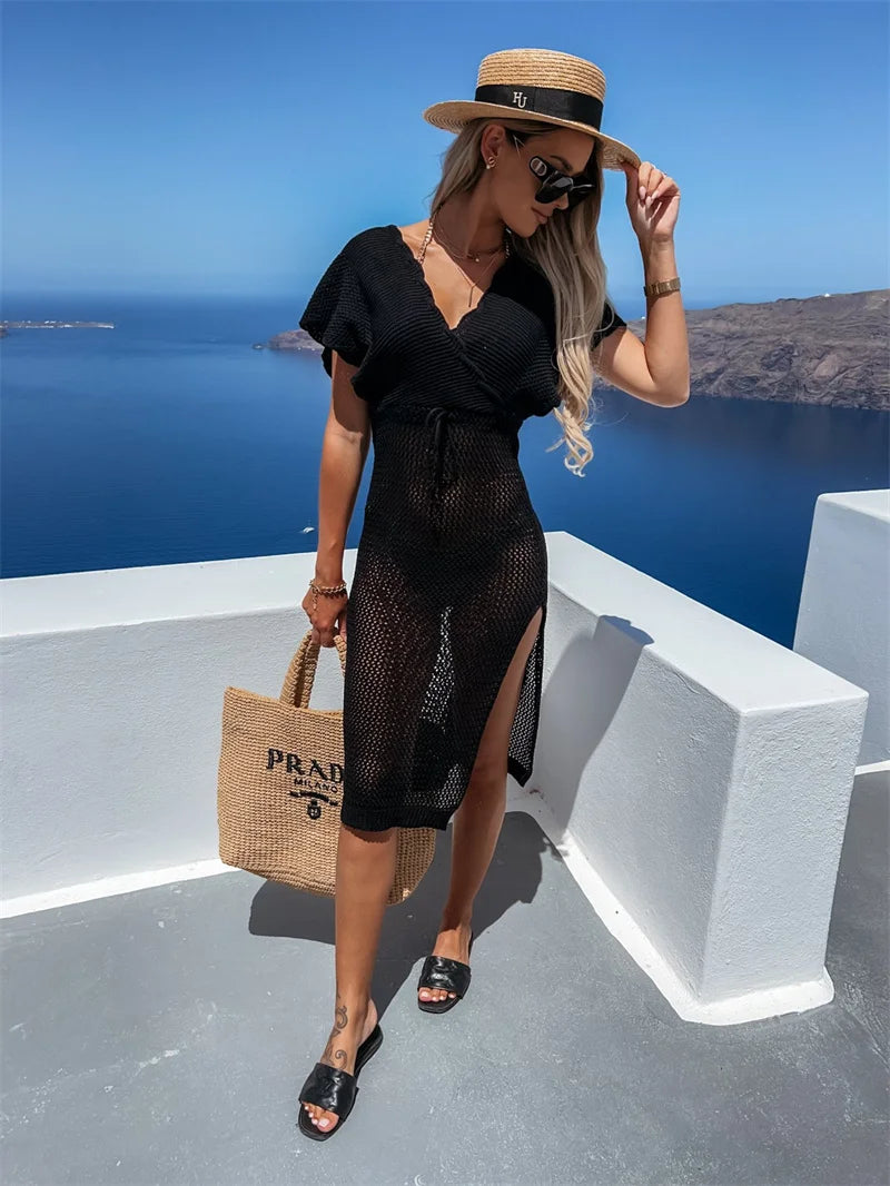 2024 White Crochet Tunic Bikini Cover-ups Sexy Hollow Out Long Dress V neck Women Summer Clothes Beach Wear Knitted Cover Up