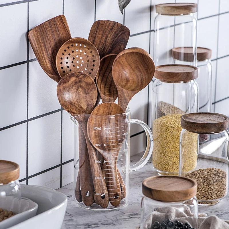 1~9PCS Thailand Teak Natural Wood Tableware Spoon Ladle Turner Long Rice Colander Soup Skimmer Cooking Spoons Scoop Kitchen Tool