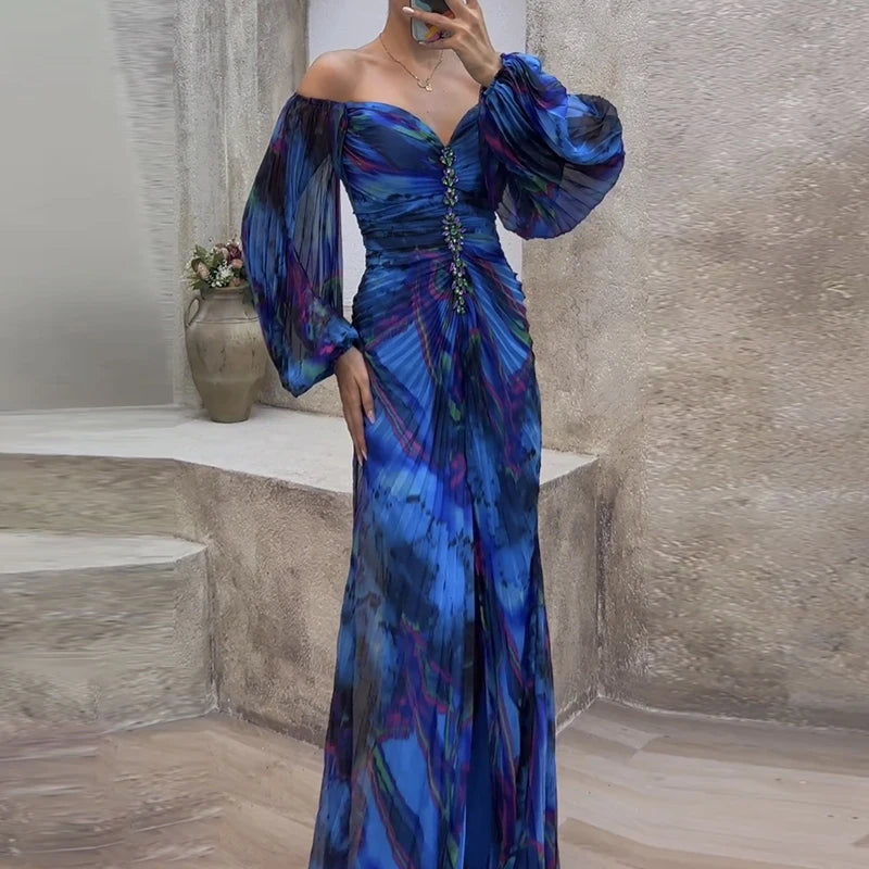 Casual Lantern Long Sleeve Big Hem Long Dress Vintage Tie-dye Print Pleated Party Dress Women Sexy Deep V-neck Waist Split Dress