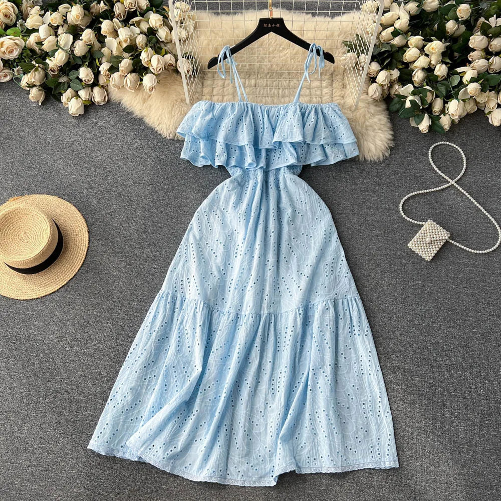 SINGREINY High Street Cotton Embroidery Long Dress Women Hollow Out Backless Beach Sundress Fashion Off the Shoulder Sexy Dress