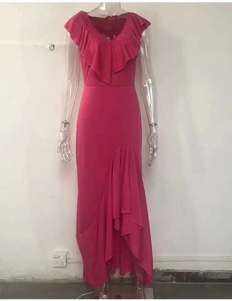2023 Autumn New European and American Style V-Neck Long Dress with Ruffled Edge Irregular Elegant Dress Party Dress