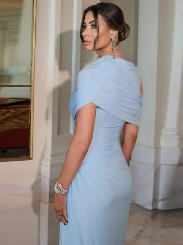 Shawl Long Dress Women Elegant Asymmetrical Chiffon Pleat Slim Waist Maxi Dresses 2025 Summer New Female Evening Party Prom Gown