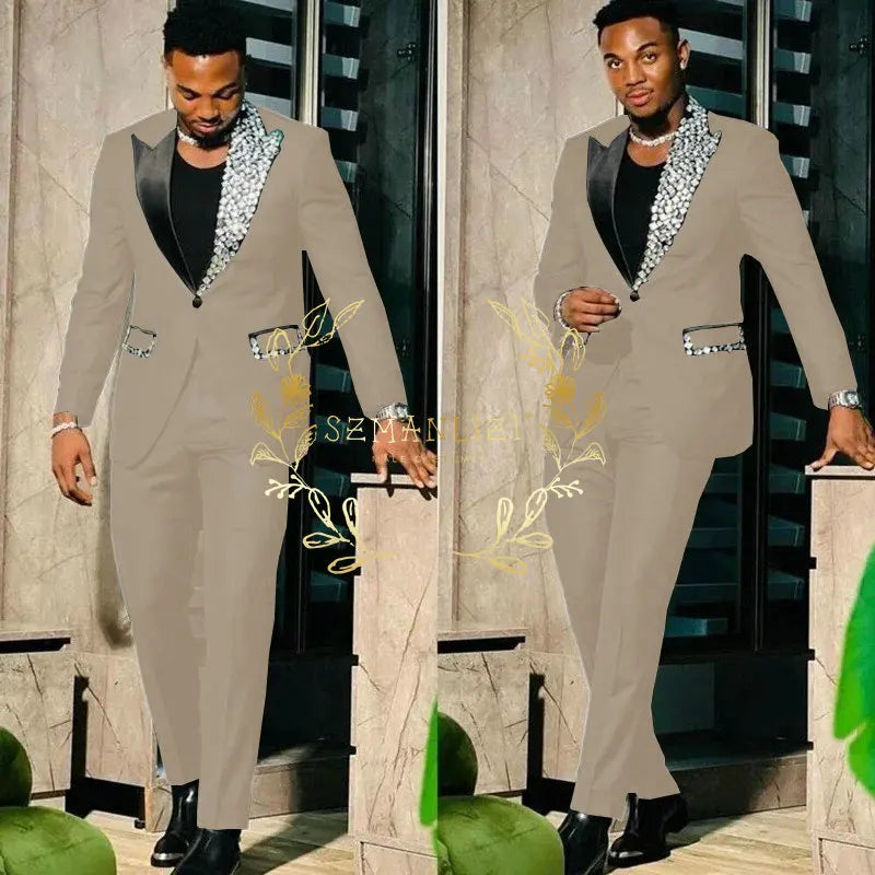 Black Suits for Men Slim Fit Single Breasted Peak Lapel Blazer High Quality Crystal Prom Party 2 Piece Jacket Pants Sets Terno