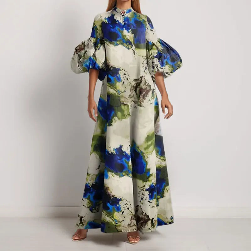 Women's Printed Maxi Dress Elegant Ladies Lantern Sleeve Loose Long Dress Summer New Evening Party Dress For Women