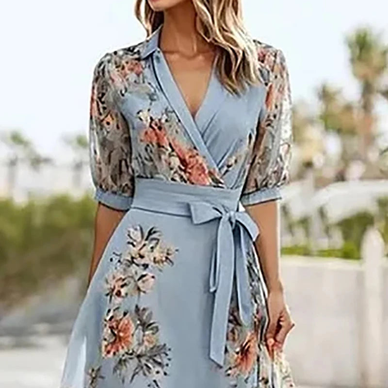Spring Elegant Floral Print Mesh Long Dress Woman Sexy V Neck Lace-up Robe Party Dress New Summer Short Sleeve A-Line Boho Dress