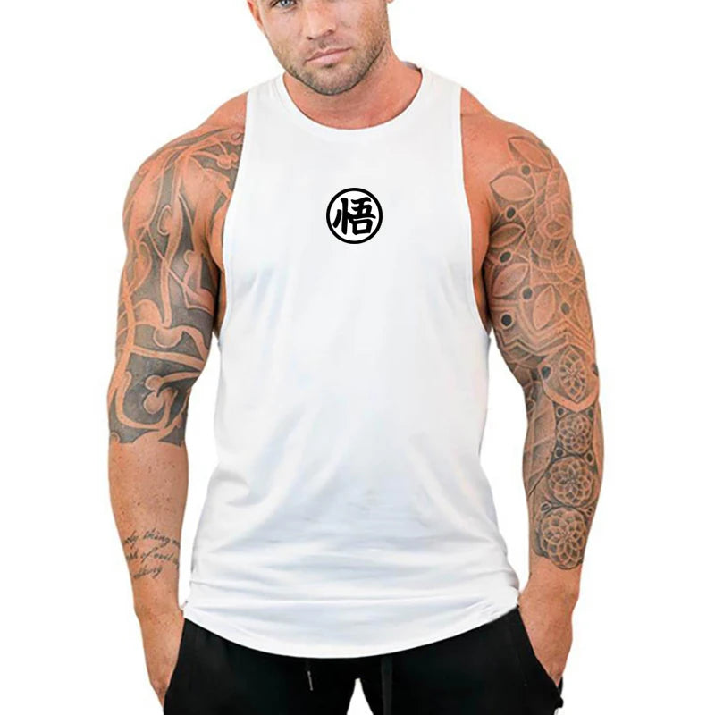 Japanese Anime Logo Wu Font Funny Printing Summer Clothing Gym Stringer Tank Top Men Fitness Sleeveless Shirt Bodybuilding Vest