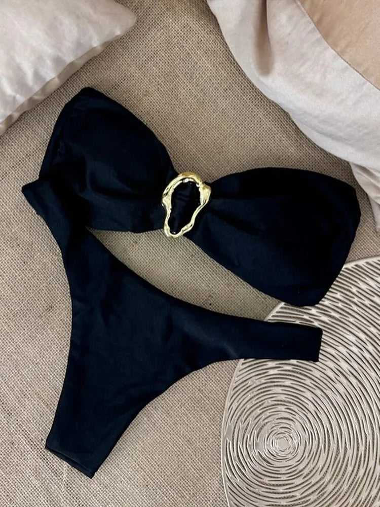 Sexy Solid Strapless Bikini 2 Piece Set Women Split Swimsuit Low Waist Beach Backless Bikini 2025 New Summer Swimwear Bikini Set