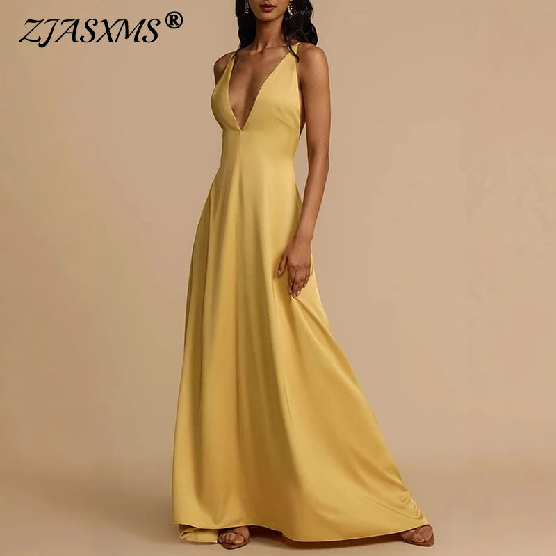Sexy Backless Bandage Beading Long Dress Woman Spring Deep V Neck Hollow Loose Party Dress New Summer Spaghetti Strap Maxi Dress