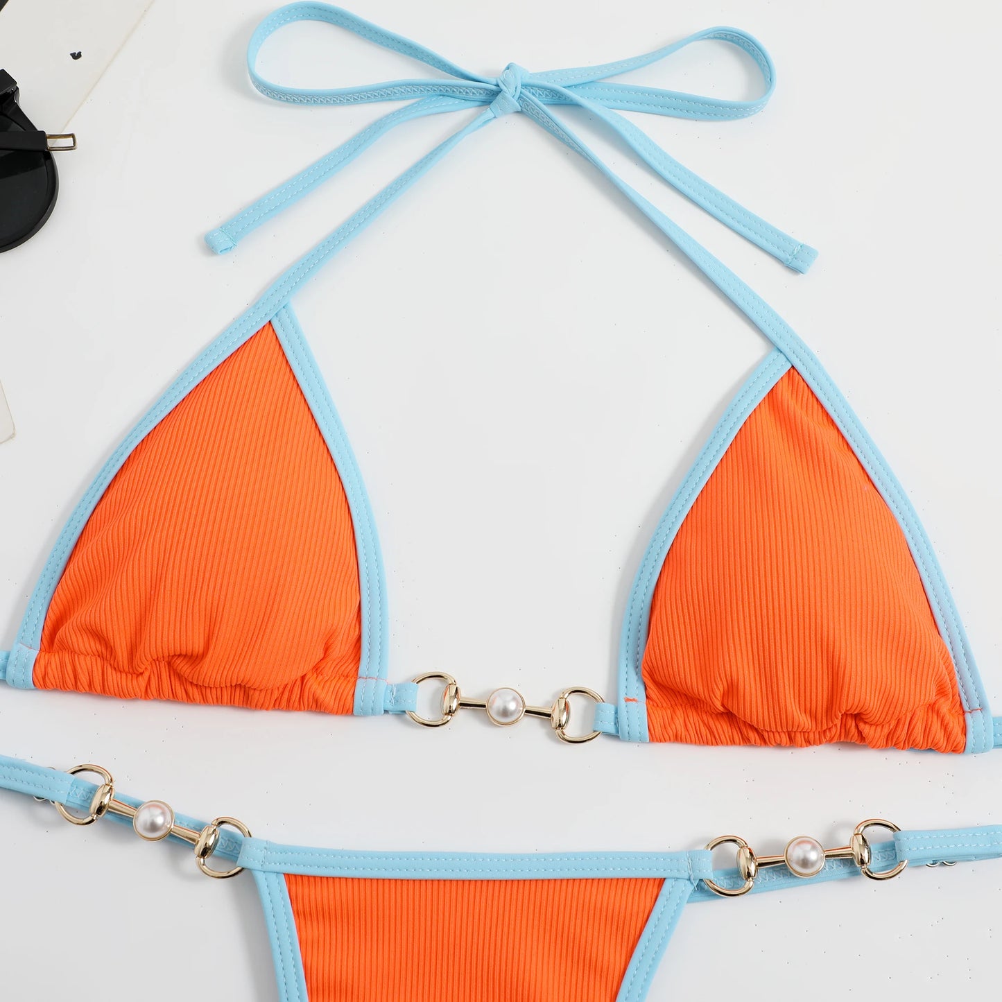 2023 New Sexy Ribbed Bikini Set Pearl Swimwear Women Swimsuit Female Halter Strappy Bikini Patchwork Bathing Suit Beachwear Swim