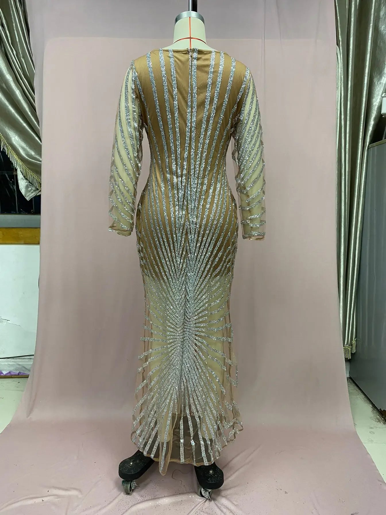 2024 New Spring Fashionable Embellished Women's Mesh Dress Long Sleeve Side Slit Long Dress For Women