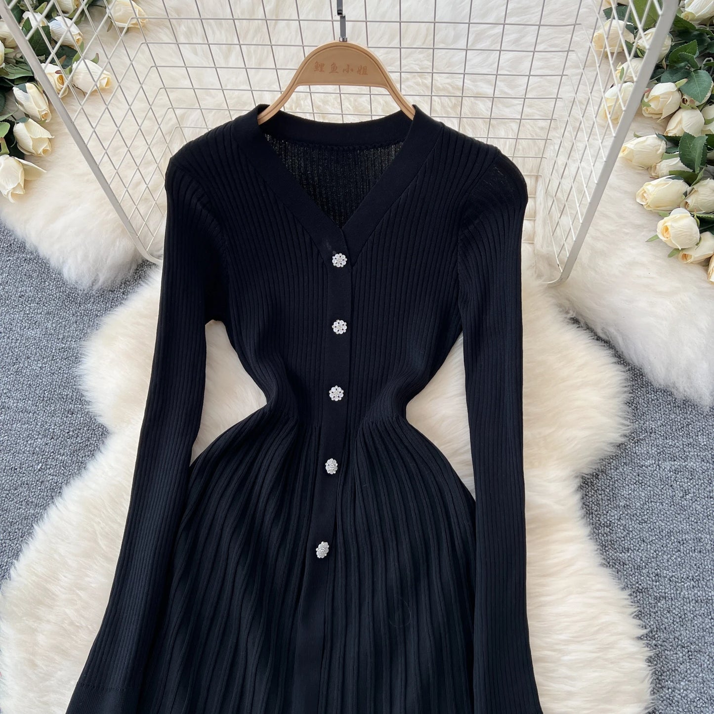 SINGREINY Autumn Knitting Sweater Dress Ladies V-Neck Single Breasted Full Sleeve Soft Slim Senior Knitted Casual Long Dress