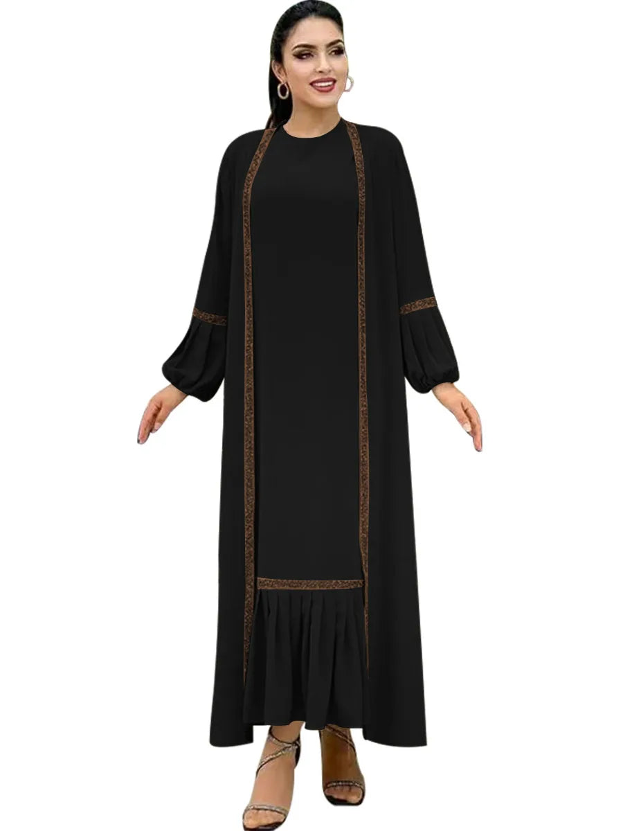 Muslim Women Hijab Dress 2 Piece Set Eid Lantern Sleeve Maxi Long Dress Islamic Clothing Caftan Kimono Big Swing Abaya Dresses