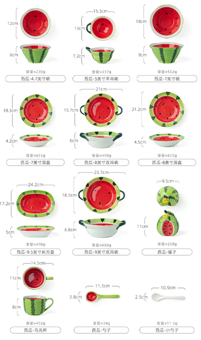 Watermelon Bowl Ceramic Bowl Plate Set Home Ramen Bowl Cute Hand-painted Tableware Children's Rice Bowls Kitchen Accessories