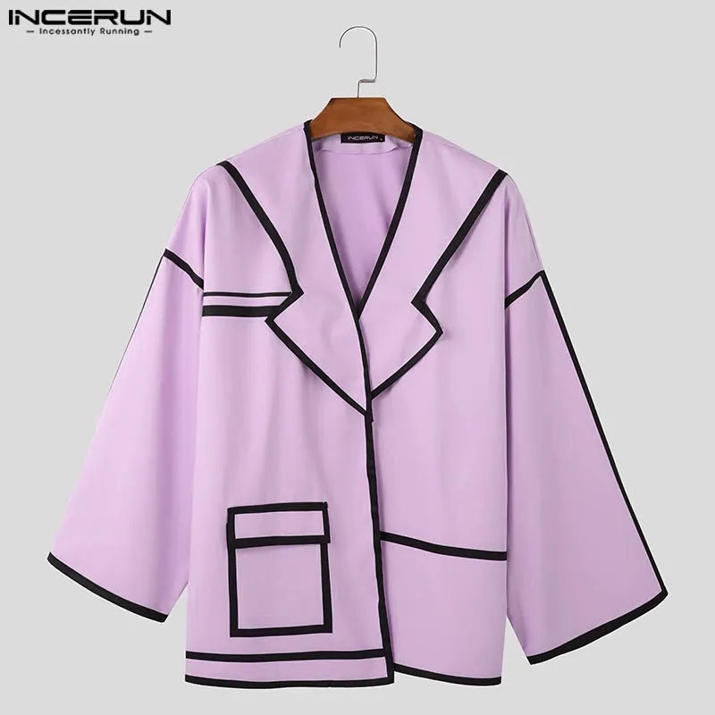 INCERUN Tops 2025 Fashion New Men Patchwork Lines Personality Suit Coat Casual City Walk Male Hot Sale Loose Long Sleeved Blazer
