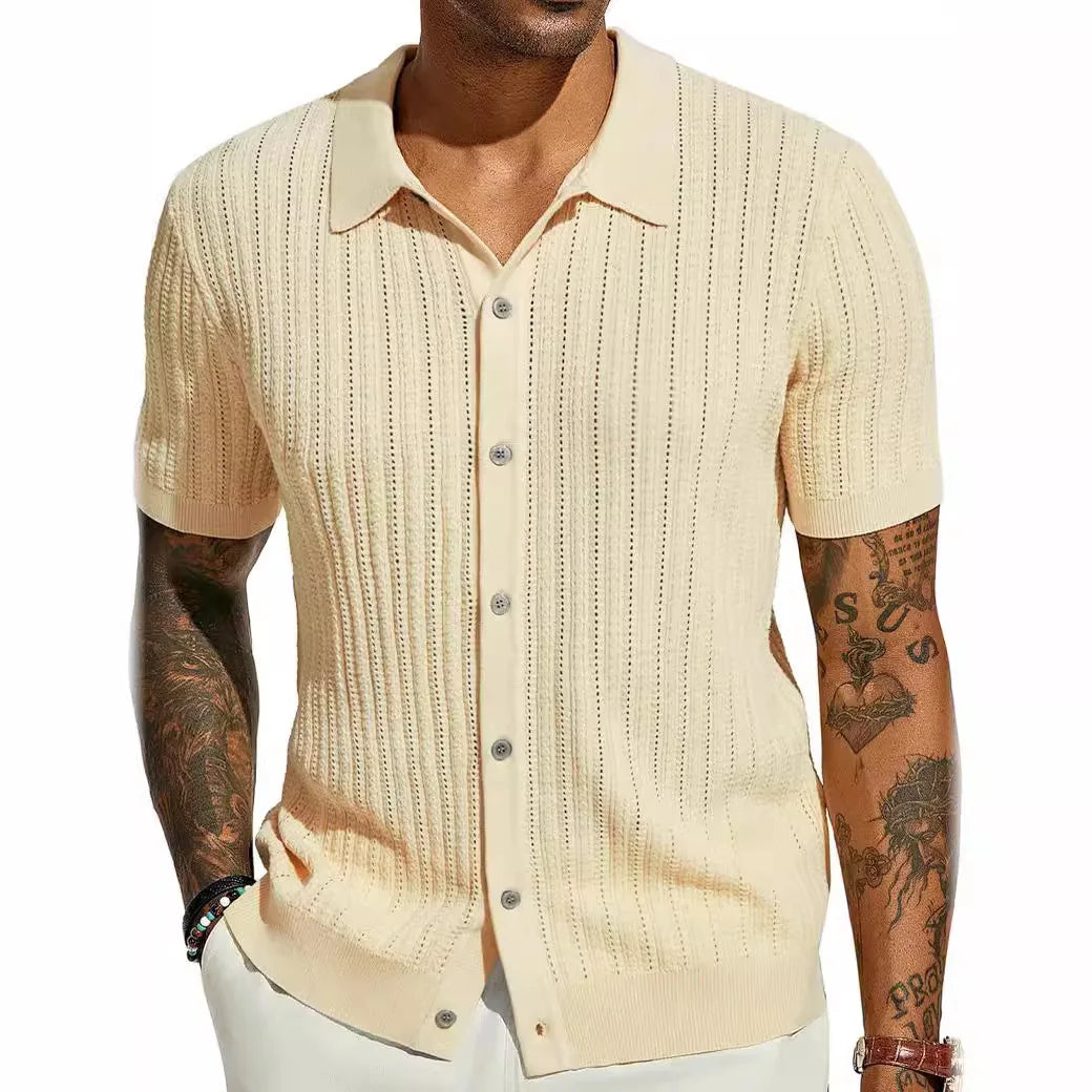 Summer Men's Casual Shirt Breathable Hollow Out Knit Shirt Short Sleeve Lapel Lightweight Top for Men European  American Loose