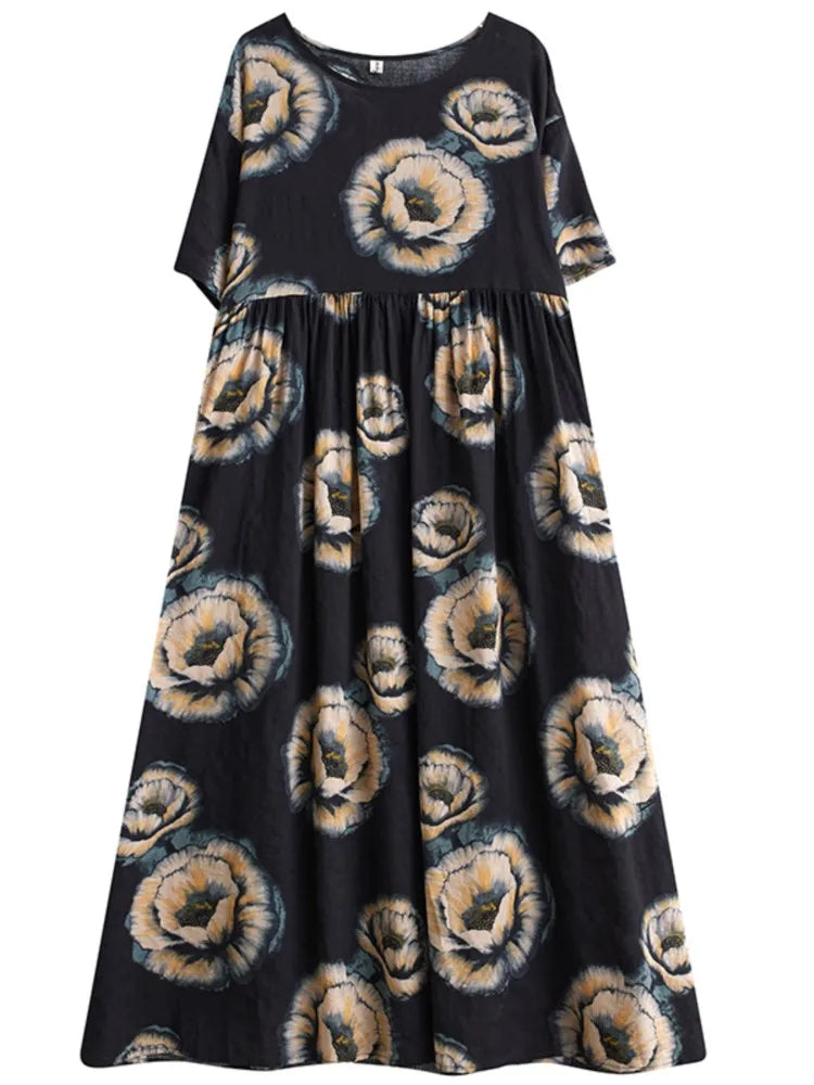 Oversized Summer Bohemian Style Long Dress Women Ruffle Pleated Fashion Flower Print Ladies Dresses Loose Casual Woman Dress