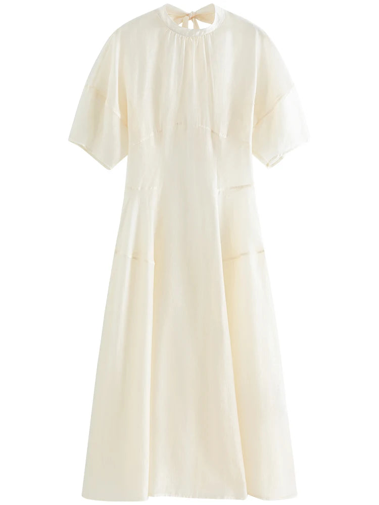 FSLE Women Long Dress Summer Temperament Two Piece Beige Dress Lyocell Short Sleeve Dress+Sleeveless Vest Dress Suit 24FS12929