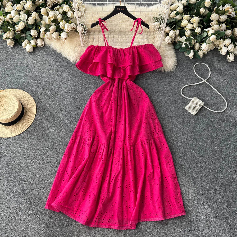 SINGREINY High Street Cotton Embroidery Long Dress Women Hollow Out Backless Beach Sundress Fashion Off the Shoulder Sexy Dress