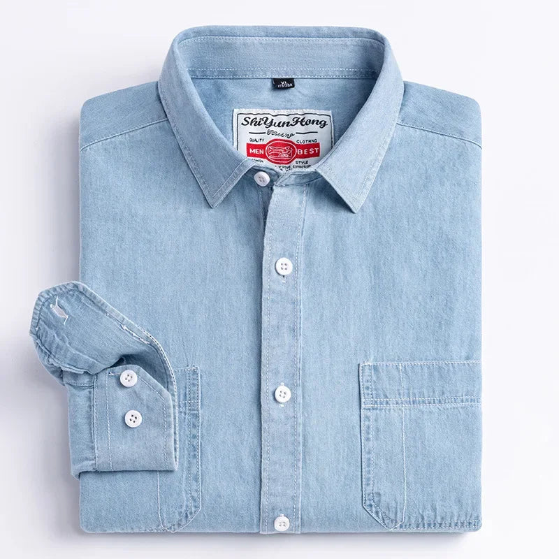 2023 Spring and Autumn Enzyme Washed Men's Long Sleeve Denim Shirt Pure Cotton Casual Fashion Outerwear Versatile Men's Clothing
