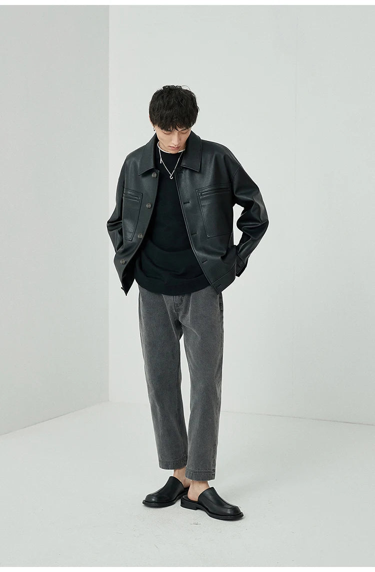 Mauroicardi Spring Autumn Short Oversized Brown Black Soft Faux Leather Jackets for Men Pockets Long Sleeve Korean Fashion 2022