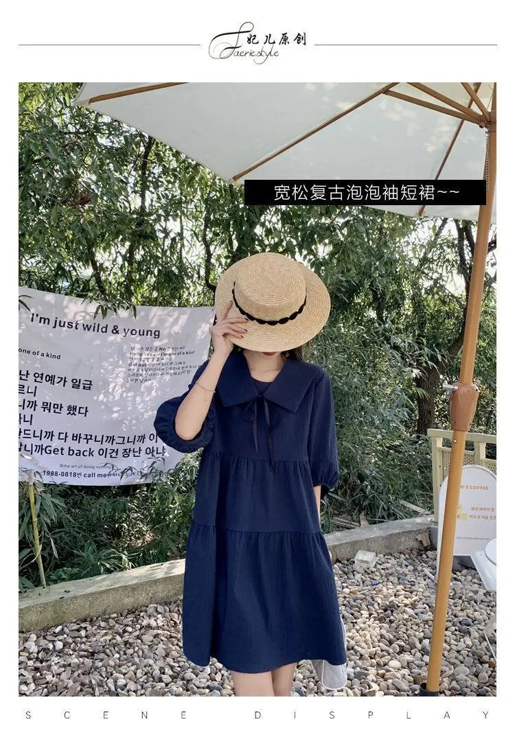 Vintage Pleated Lacing Loose Mini Dress Summer New Half Sleeve Solid Color Sweet Casual Dresses Fashion Korean Women Clothing