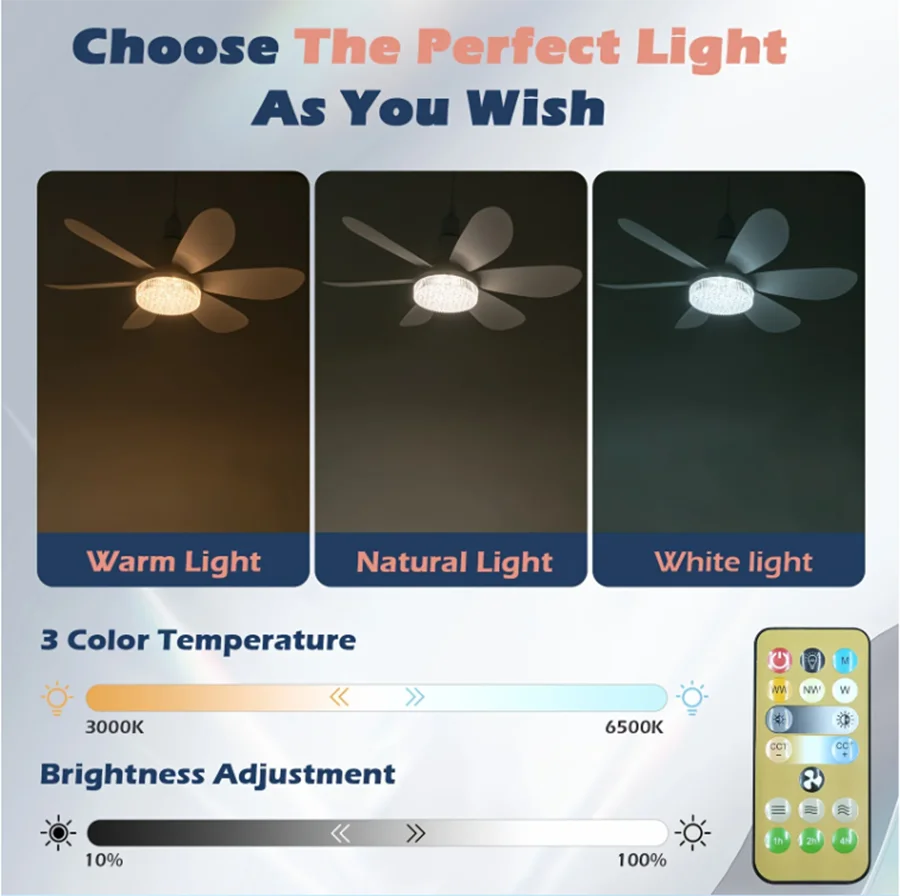 Modern small E27 screw fan light lighting remote control smart silent LED ceiling fan bedroom kitchen toilet 40W Indoor lighting