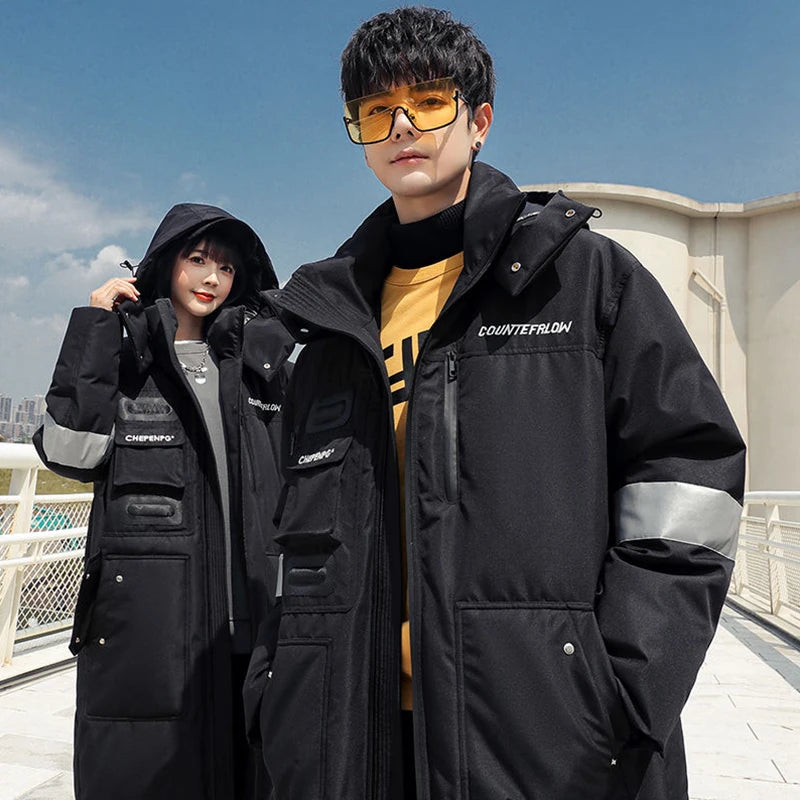 Gmiixder 2023 New Over Knee Down Coat Men's Mid Length Couple Thickened Multi Pocket Parkas Youth Work Wear Winter Long Jacket